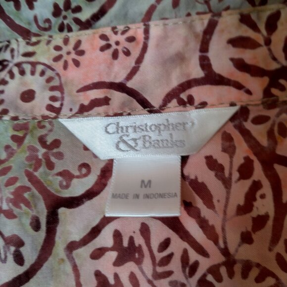 Christopher & Banks Blouse Shirt Medium Batik Floral Brown Pink Hippie Fairy - Picture 5 of 16